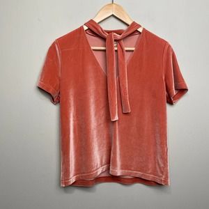 Madewell Pink Velvet Tie Front Short Sleeve V Neck Top S